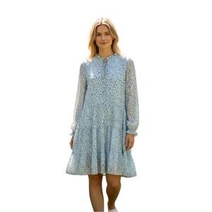 Light Blue Floral Long-Sleeve Tie-Neck Ruffle Dress